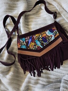 Boho Embroidered Fringe Crossbody Bag - Plum